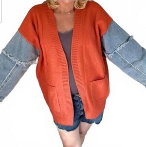 ADORA Womens pumpkin Orange Denim Color Block Cardigan Sweater Jacket Size Med